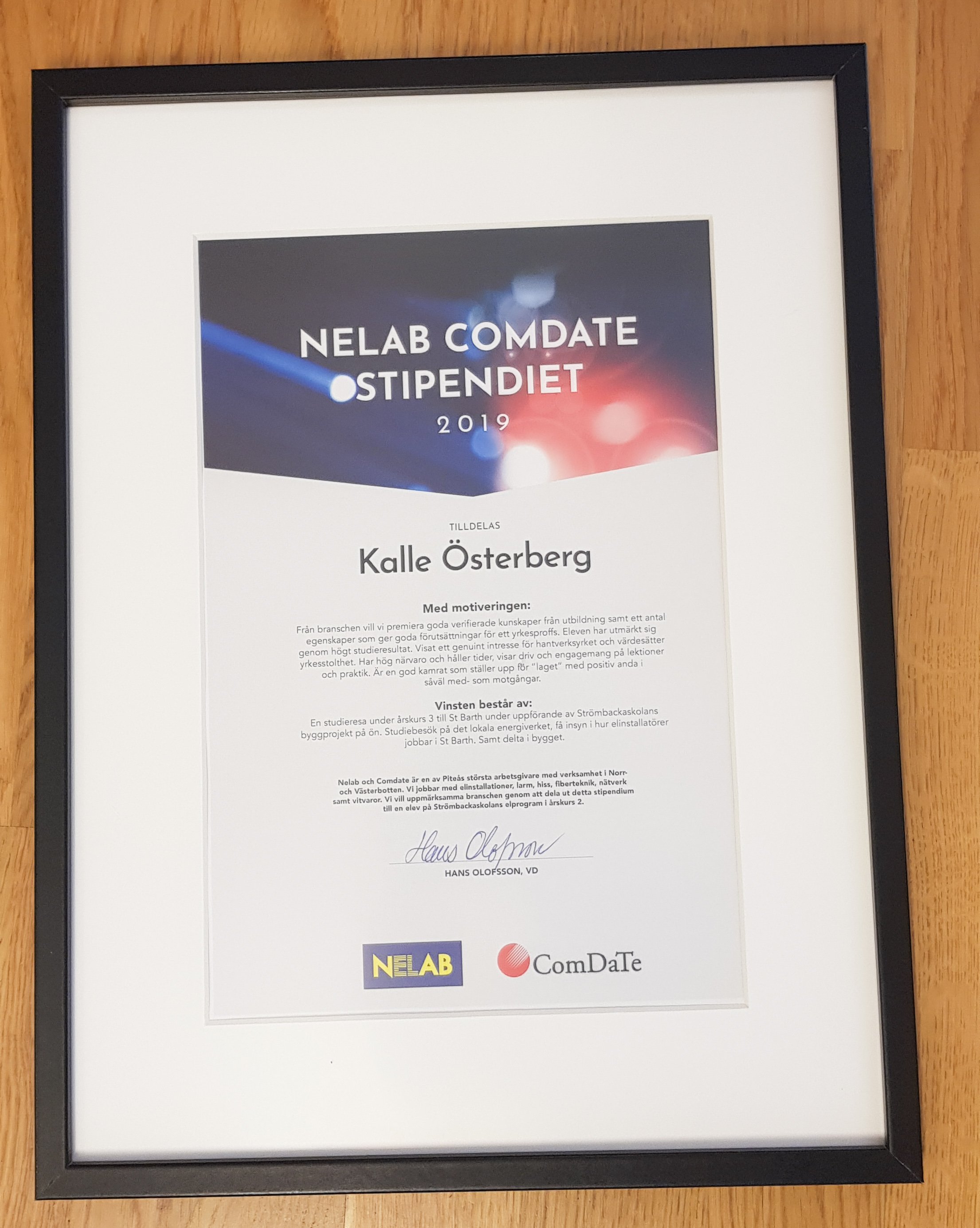 Nelab Comdate diplom till stipendiat