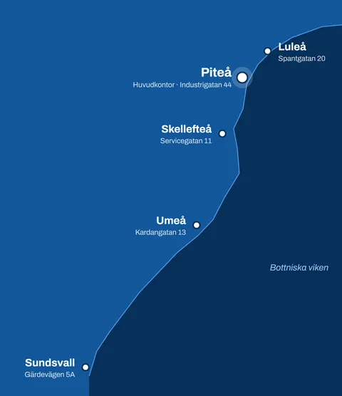 Karta över Nelabs kontor i Luleå, Piteå (huvudkontor), Skellefteå, Umeå och Sundsvall